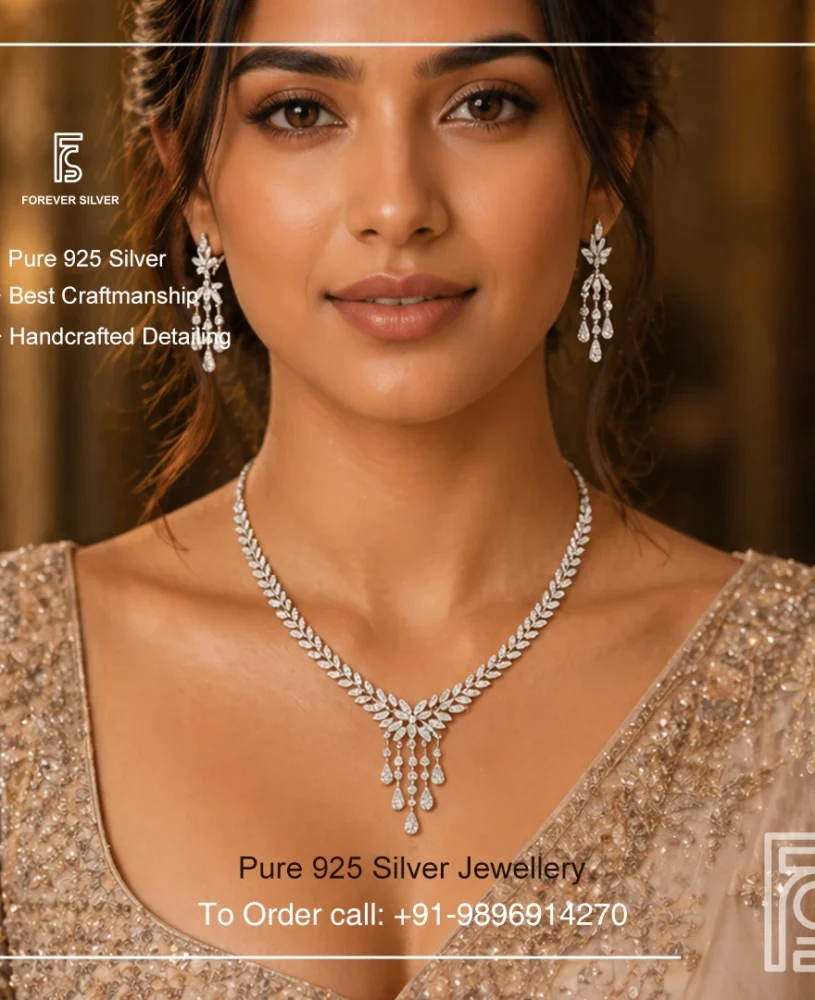 Royal Leaf Drop 925 Silver Necklace Set with Earrings